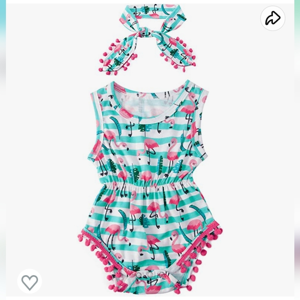 Infant swimsuit flamingo stripe print with pompom fringe